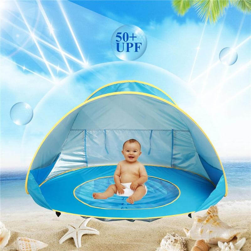 Barraca de praia para bebê com piscina e proteção UV