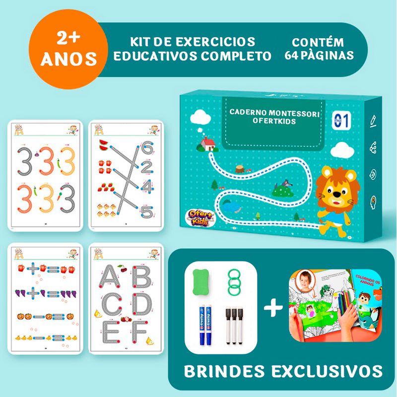 Caderno Montessori Ofertkids - Treina a Coordenação Motora e Desperta a Imaginação da Criança + EBOOK DE COLORIR